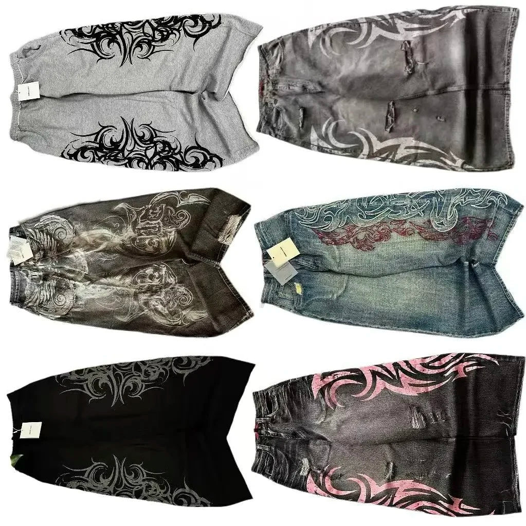 Y2K Fashion Pattern Embroidery Baggy Jeans Men and Women High Street Vintage Hip Hop Casual Couple High Quality Wide-leg Pants