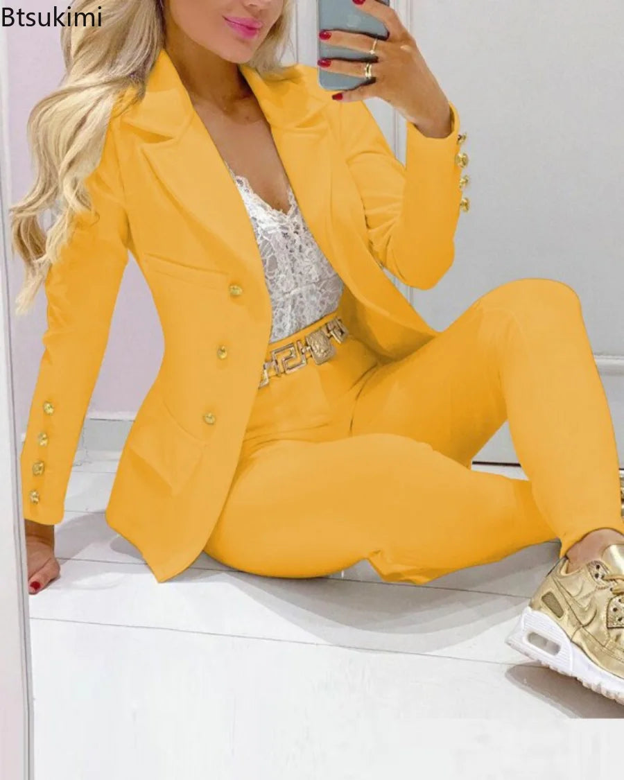 2023 Women's 2pcs Tracksuits Solid Long Sleeve Blazer Pants Suit Sets Office Lady Tracksuit Two Piece Set Fitness Outfits Woman