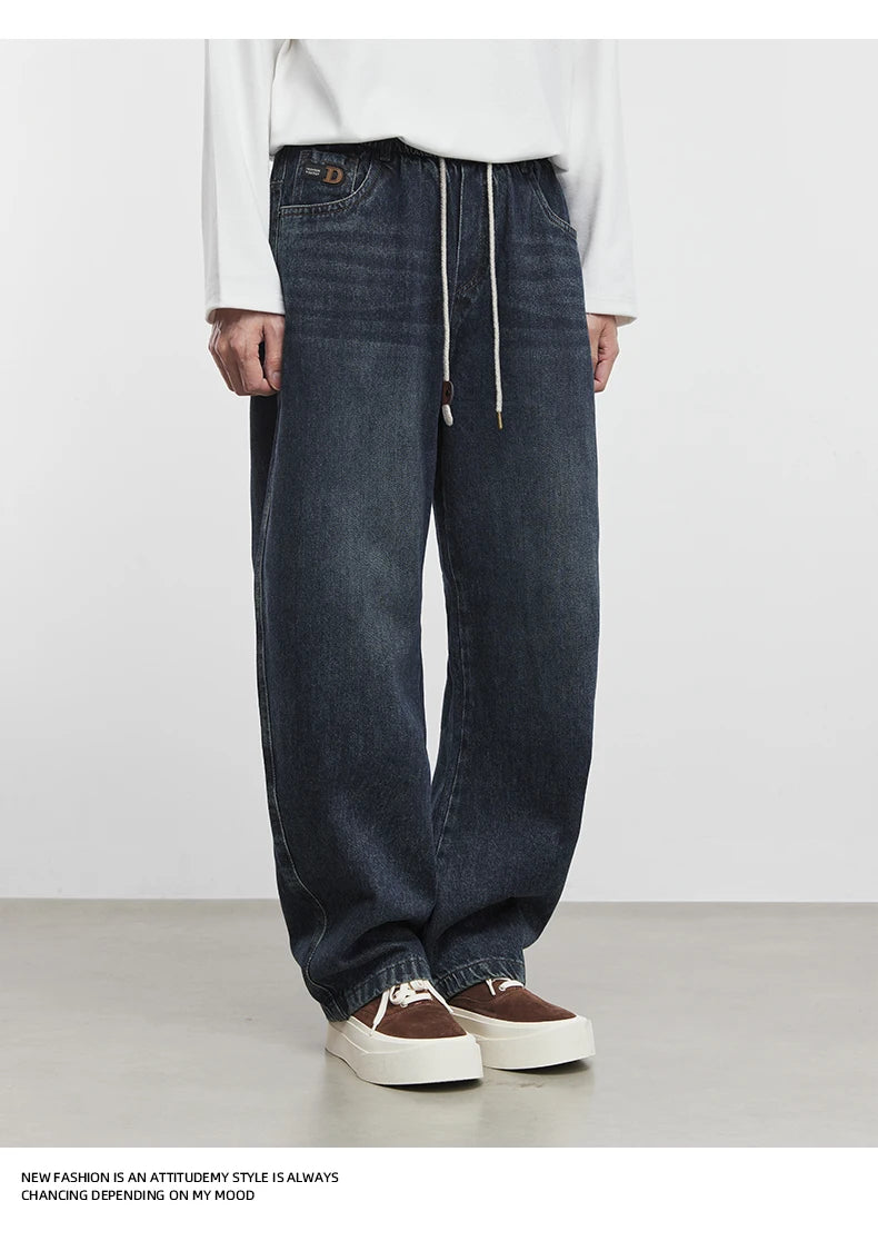 Fashion Men's Straight Jeans 2025 Autumn New Elastic Waist Retro Distressed Washed Jeans Men's Straight Casual Pants