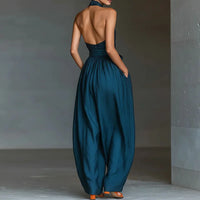 Chic Sexy Ciss Cross Halter Backless Jumpsuit Woman Spring Elegant Solid Tie Waist Romper Summer Hollow Wide Leg Pocket Overalls