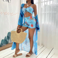 2023 Sexy New 3 Pcs Long Sleeve Bikini Cover Up Swimwear Women Beach Wear High Waist Shorts