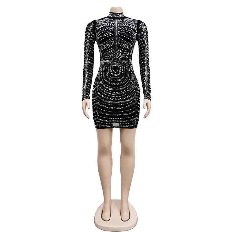 Sexy Black Glitter Sheer Mesh Crystal Mini Dress Women Luxury Long Sleeve Birthday Bodycon Dress Night Club Outfits