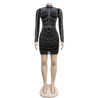 Sexy Black Glitter Sheer Mesh Crystal Mini Dress Women Luxury Long Sleeve Birthday Bodycon Dress Night Club Outfits