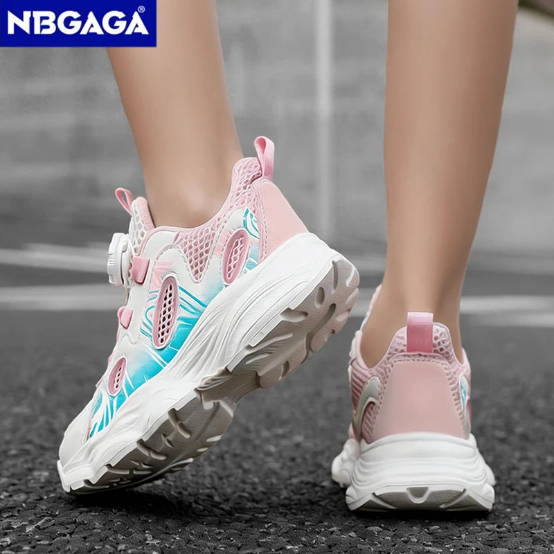 Summer Breathable Children’s Casual Shoes for Girls Rotating Button Sports Running Shoes Outdoor Fashion Flat Walking Sneakers