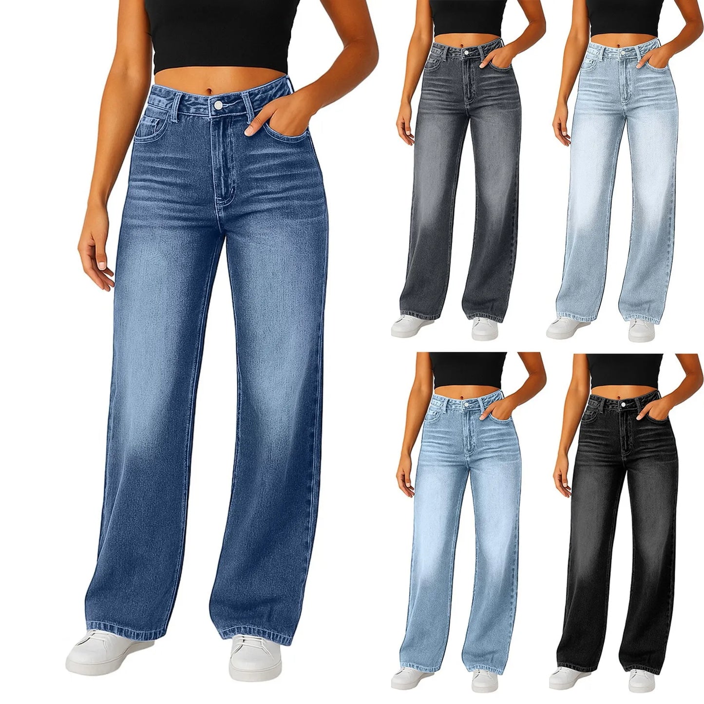Wide-Leg Jeans Women Light Blue High-Waisted Simple Design Fashionable Trousers Loose-Fitting High-Height Pants Suitable Daily