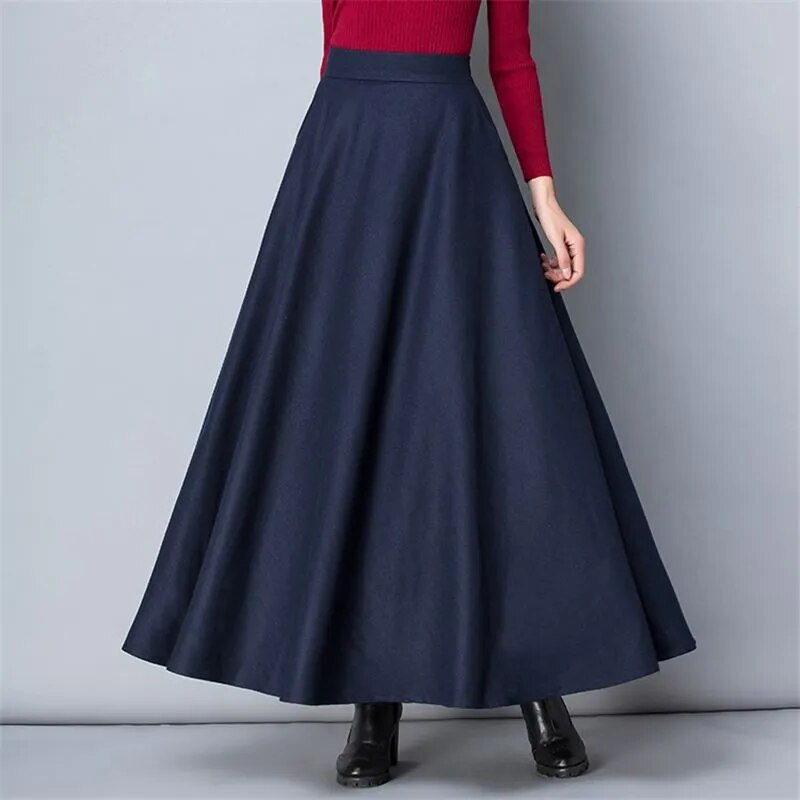 Winter Women Long Woolen Skirt Fashion High Waist Basic Wool Skirts Female Casual Thick Warm Elastic A-Line Maxi Skirts O839