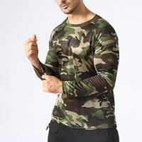 Pullover T-shirt O-neck Long Sleeve Solid Color Camouflage Print Men Top Outdoor Sport Elastic Slim Fit Autumn T-shirt