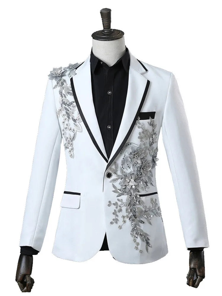 Men White Appliqued Blazer Masculino Chinese Red Costume Homme Pour Mariage Stage Wear