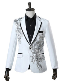 Men White Appliqued Blazer Masculino Chinese Red Costume Homme Pour Mariage Stage Wear