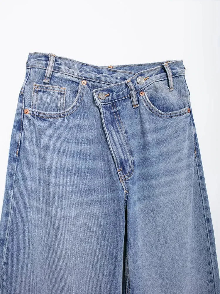 women's asymmetric design high-waisted wide-legged jeans new basic models versatile fashion straight trousers trousers