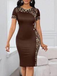 Brown & Leopard Print Round Neck Fitted Midi Dress with Button Detail