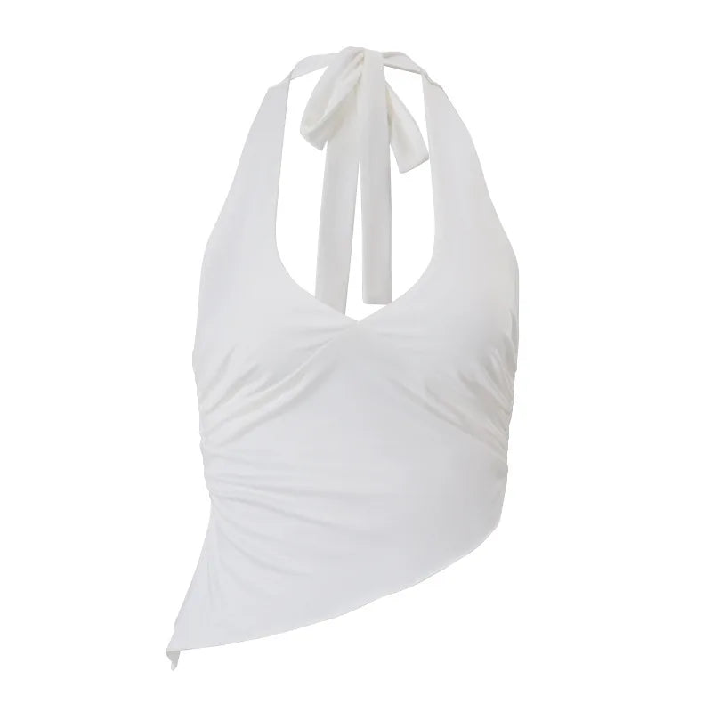 Casual Solid Women Halter Crop Top Y2K Elegant V neck Sleeveless Fold Summer Tees Formal Streetwear Sporty Female Vest