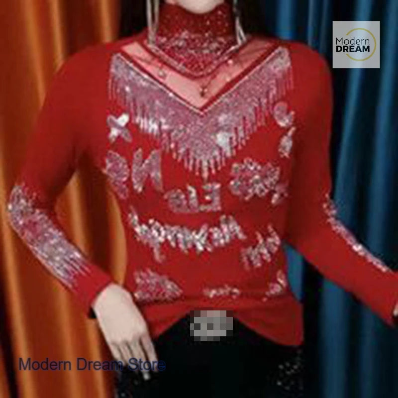 French style high-grade rhinestone bottoming shirt women's spring and autumn new slim semi-high collar versatile bottoming shirt
