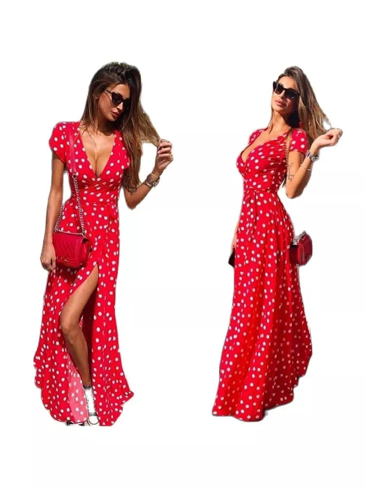 Summer Beach Maxi Dress Women Floral Print Boho Long Chiffon Dress Ruffles Wrap Casual V-Neck Split Sexy Party Dress Robe Femme