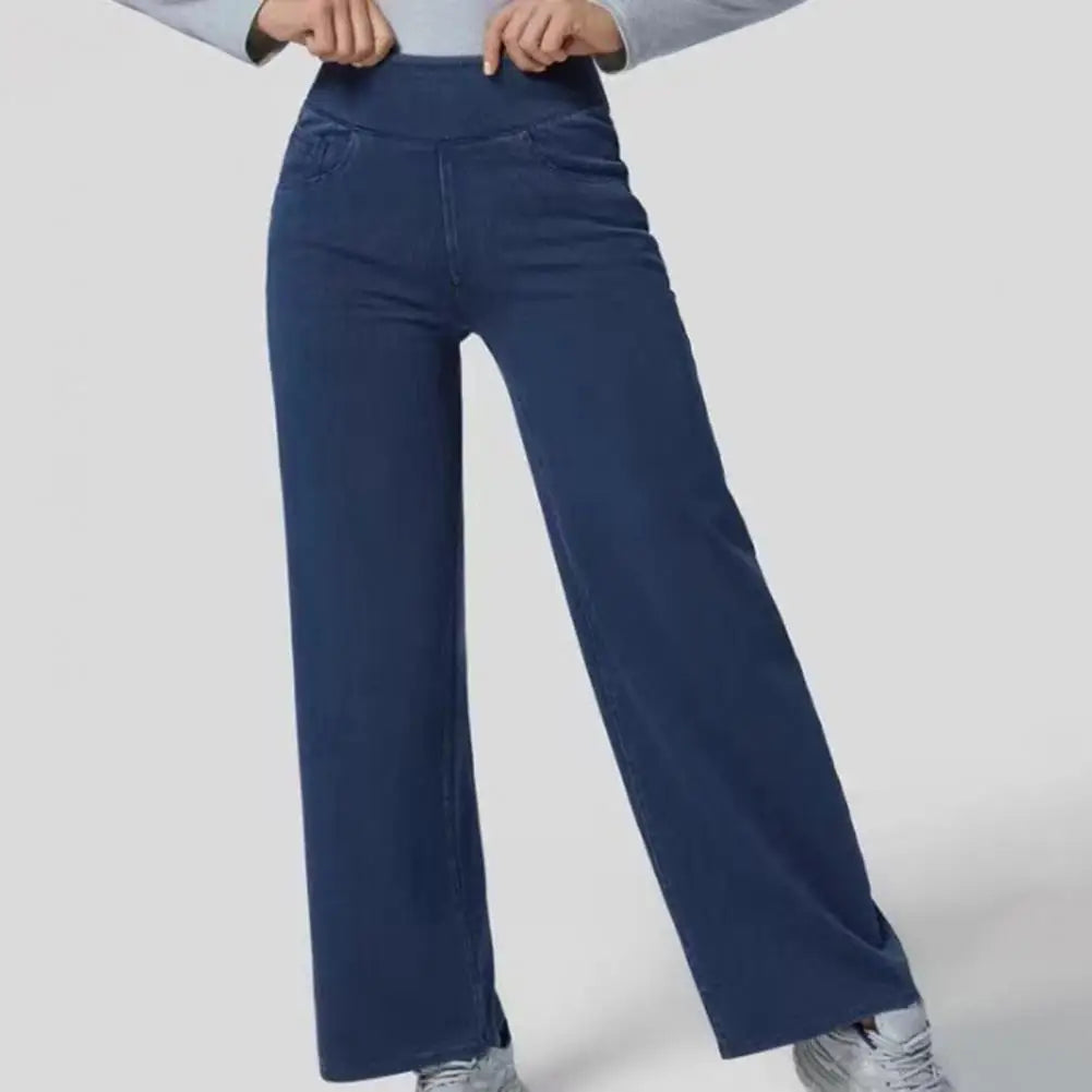 Women Jeans Elastic High Waist Slim Fit Slightly Flared Pull-On Wide Leg Long Denim Pants With Pockets Solid Color Female Jeans