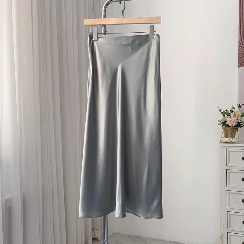 Ele Satin Acetate ter Dr Women's Smooth Glossy Tee-Vein Neline Strapl Midi Skirt Four Colors Available
