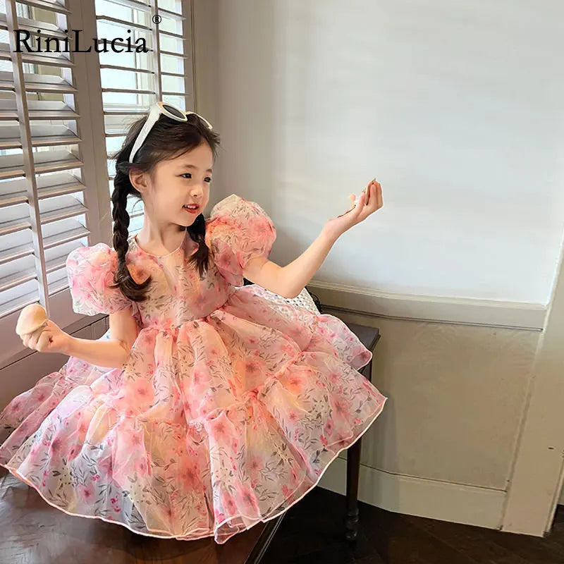 RiniLucia 2023 New Summer Baby Girl Dress Floral Print Cute Princess Dress Children Kids Party Dresses Girls Clothes Vestido
