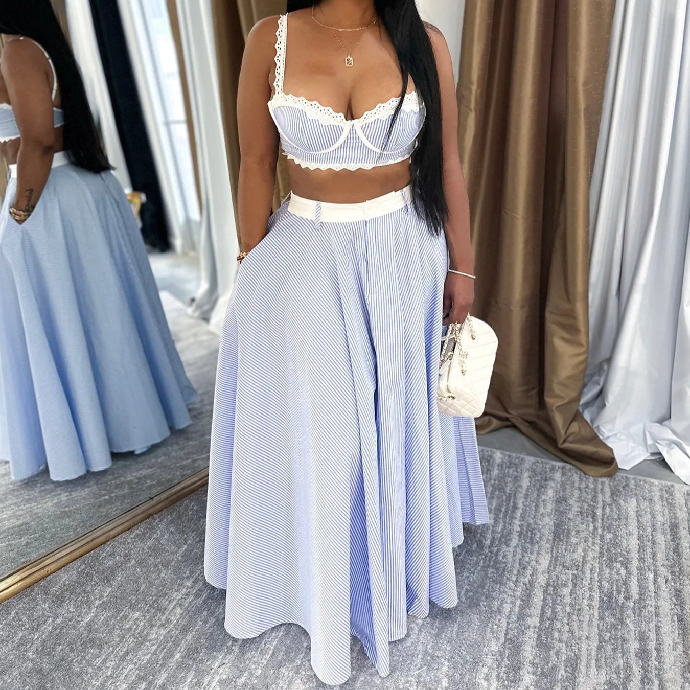 Women's Set with Camisole Vest, Lace Patchwork High Waisted Striped Skirt, Two-piece Set for Summer 2025