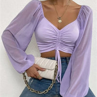 Horetong Women's Sexy V-neck Off-Shoulder Blouses Summer Drawstring Bandage Long Sleeve Tops Ladies Korean Fashion Short Clothes