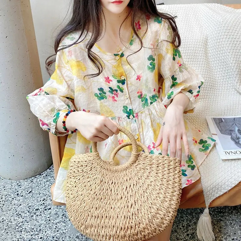 Spring Autumn Fashion Pure Cotton V-neck Printing Blouses Women's Clothing Button Sweet Versatile Floral Bishop Sleeve Blouses
