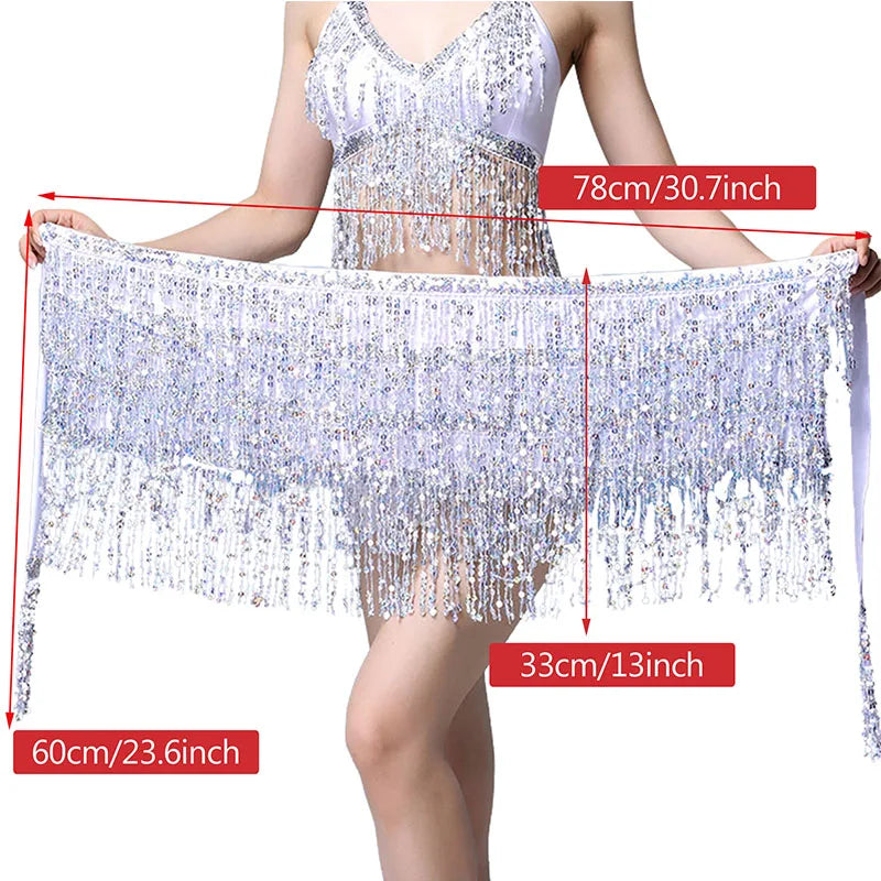 Bellydance Hip Scarf Sequins Fringe Dancewear Shawl Oriental Dance Scarf Belt Costumes Wrap Waist Performance Multicolor Women