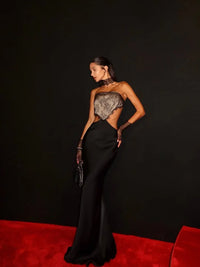 Sexy Black Lace Patchwork Satin Dress Women Backless Strapless Off Shoulder Maxi Fishtail Dresses 2025 Lady Chic Party Vestidos