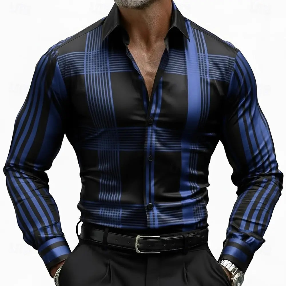 Men's Geometric Striped Grid  Plaid Shirt Long Sleeve Business Casual Vacation  Summer Spring Turndown 3D Print Button Up Shirts