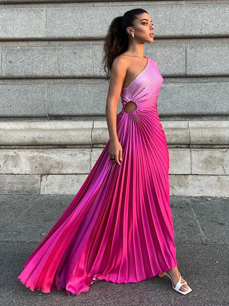 sachin and babi light blue dress One Shoulder Tie Dye Pleated Maxi Dress Women Hollow Out Backless Slee –  Mega Mart Center