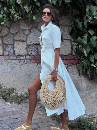 HH Women Fashion Lapel Short Sleeve Pocket Single-Breasted Belt Decorate Midi Dress Female Summer Elegant Slim Pleated Dress