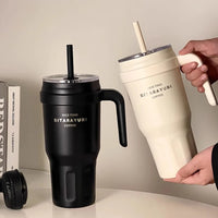 Large Insulated Water Bottle Stainless Steel Tumbler With Handle Straw Travel Gym Thermos Mug For Ice Hot Coffee Juice 1100ml