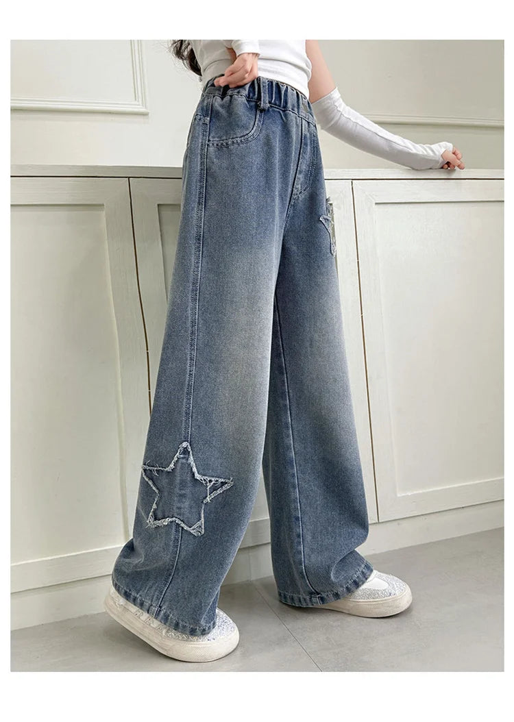 Girls Jeans 2025 Spring Autumn New Fashion Star Pattern Casual Denim Pants School Kids Trendy Teenage Children's Trousers 5-14T