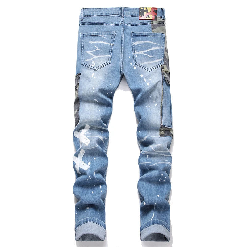 New 2024 Fashion Camouflage Matching Color Jeans Mid-Waist Hole Three-Dimensional Pocket Men's Printed Casual Pants