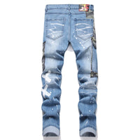 New 2024 Fashion Camouflage Matching Color Jeans Mid-Waist Hole Three-Dimensional Pocket Men's Printed Casual Pants