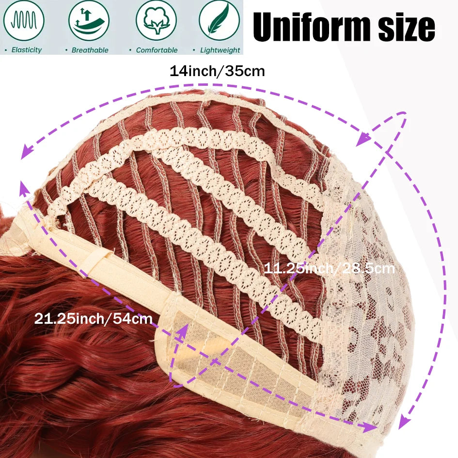 Red wig - Women's shoulder-length wig 12 "6.66oz large undulating synthetic mid-curl hair, daily Cosplay music festival