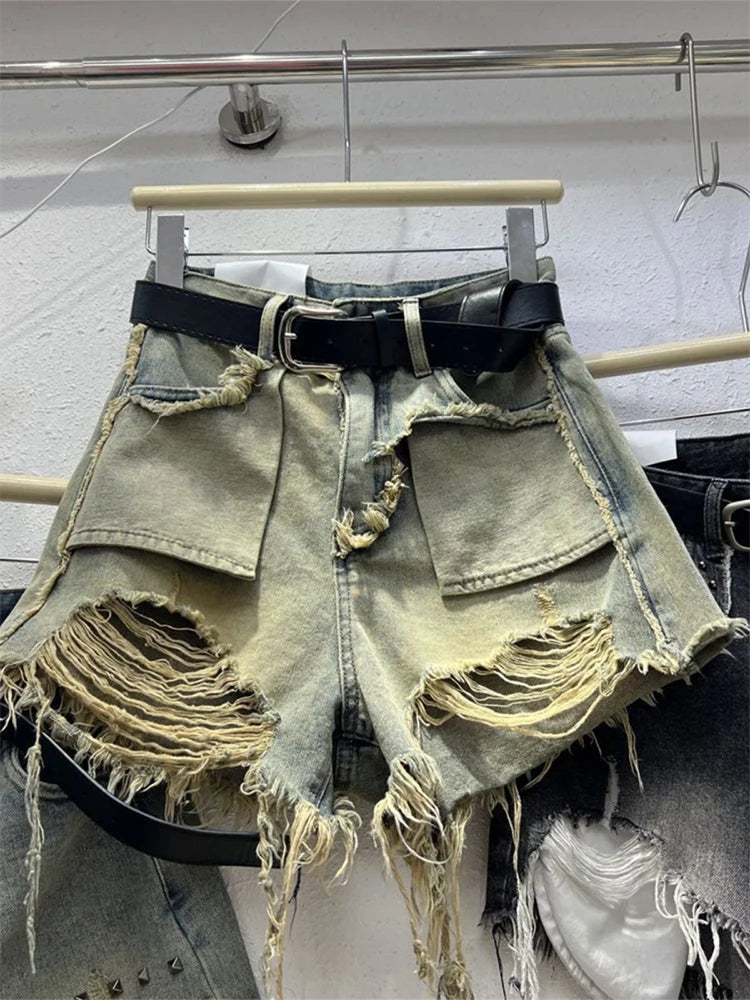 Women's Blue Ripped Denim Shorts Fashion High Waist Shorts Jeans Y2k Korean Mini Jeans Shorts Harajuku 90s 2000s Clothes Summer