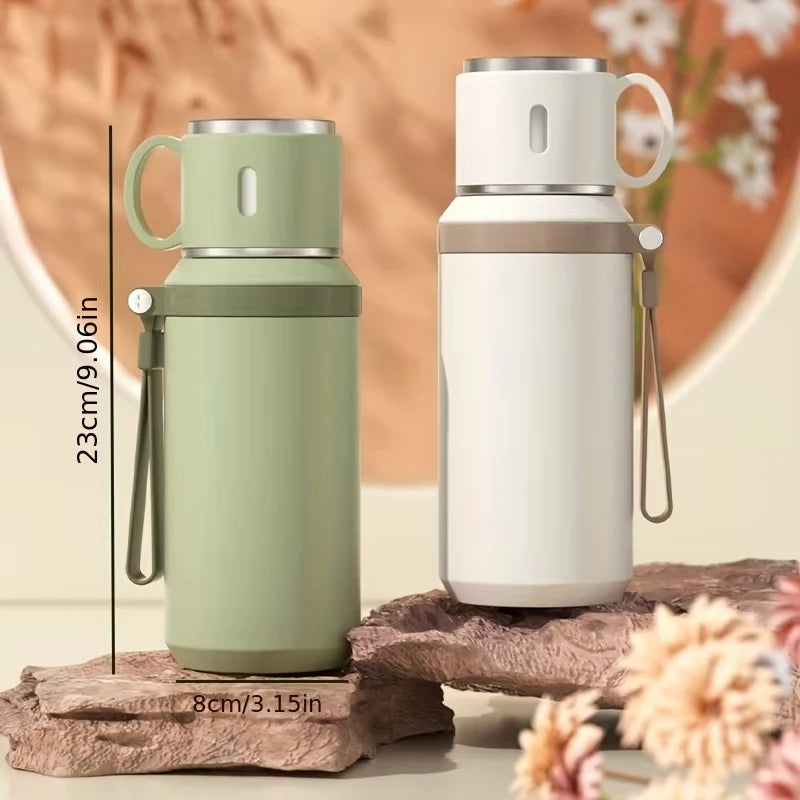 Stainless Steel Thermos Cup 600ml 24h Insulation Insulated Water Bottle with Cup Portable Handheld Tumbler for Camping Hiking