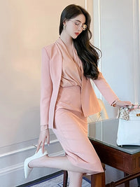 Spring Autumn 2 Piece Outfit Suits Women Professional Formal Commute Pink Tops Coat Blazer Suit High Waist Midi Skirt Pencil Set