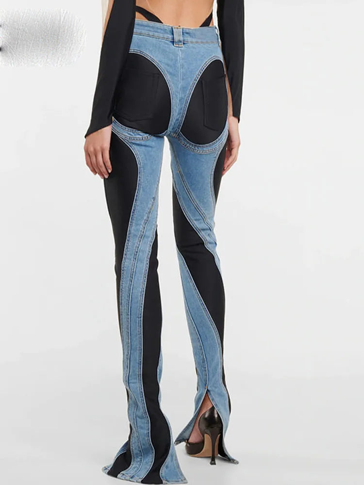 Fashion Designer Color Block Women's Jeans Slim Deconstruct Panelled Patchwork High Waist Split Blue Long Denim Pants Autumn