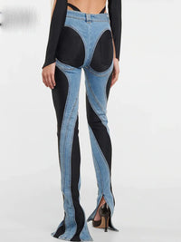 Fashion Designer Color Block Women's Jeans Slim Deconstruct Panelled Patchwork High Waist Split Blue Long Denim Pants Autumn