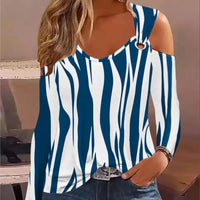 Women's Casual Loose And Minimalist Printed Metal Buckle V-neck Long Sleeved Shirt Tops 2023 Sexy Off Shoulder Blouse Mujer