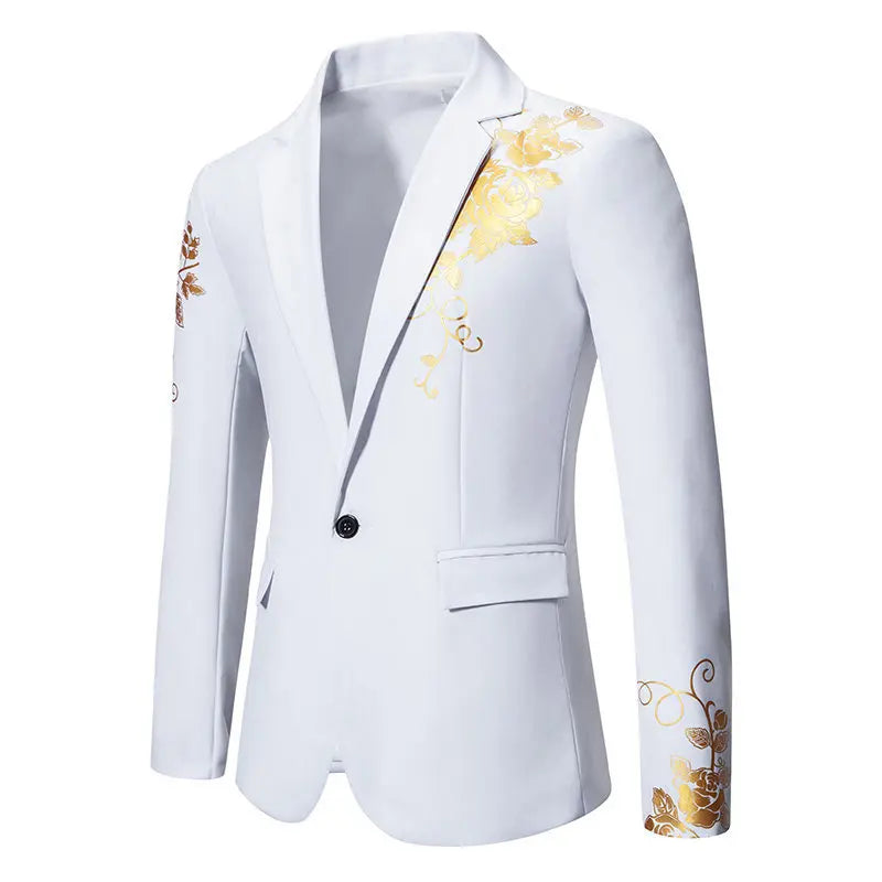 Metal-printed Men's Long-sleeved Suit Jacket, White V-neck Blazers, Wine Red Wedding Party Performance Coat.European Sizes M-3XL