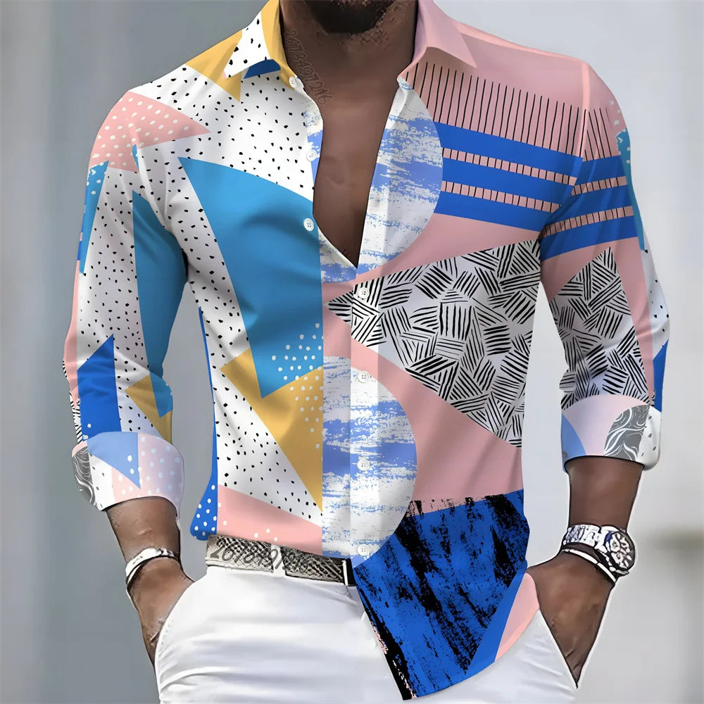 European and American style color-blocked geometric abstract print men's long-sleeved shirt, versatile top for spring and autumn