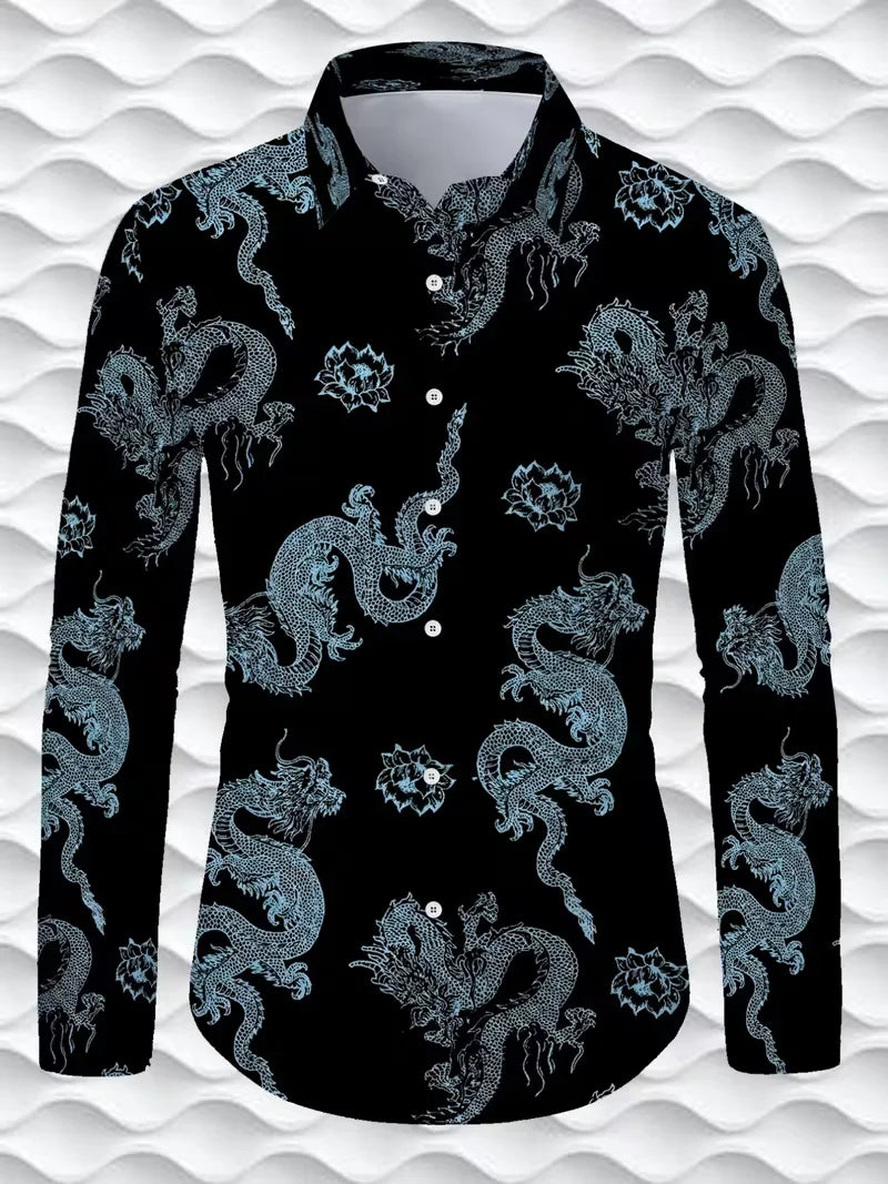 New men's fashionable 3D dragon print shirt casual long sleeved animal button design fashionable shirt top
