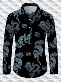 New men's fashionable 3D dragon print shirt casual long sleeved animal button design fashionable shirt top