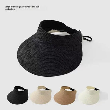 UPF50+ Foldable Straw Sun Visor Hat For Women, Wide Brim UV Protection Ponytail Hollow Beach Summer Sun Hat