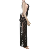 Mesh See Through Sexy Halter Party Club Maxi Split Dress Outfits Women Summer Sleeveless Backless Bodycon Long Dresses Vestido