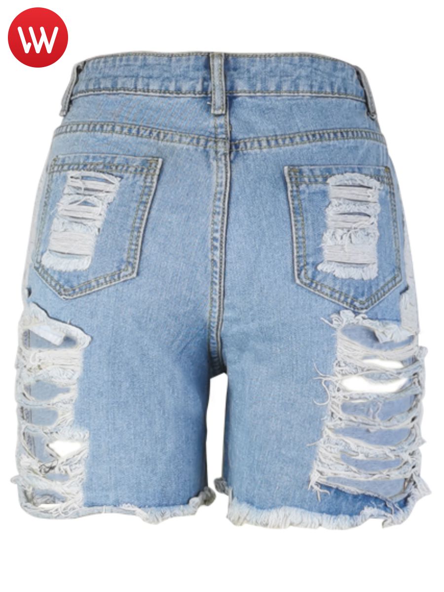 LW Summer Jeans Mid Waist Ripped Denim Shorts (No Stretch) S-5XL Casual Solid Skinny Holes Zipper Fly Sheath Women Pants