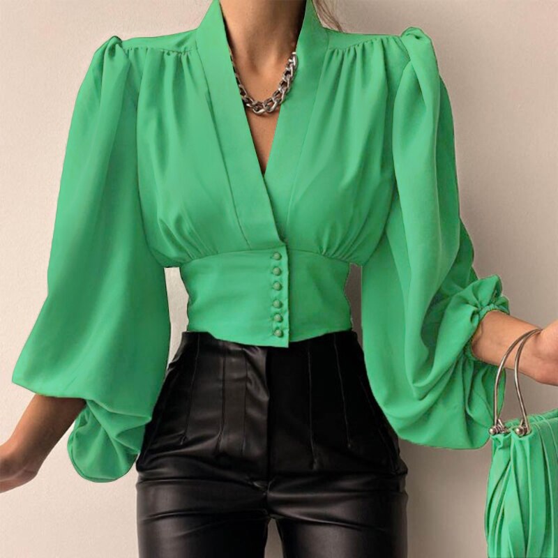 Celmia Vintage Blouses for Women 2023 Fashion Lantern Long Sleeve Buttons Front Crop Tops Sexy V-neck Shirts French Party Blusas