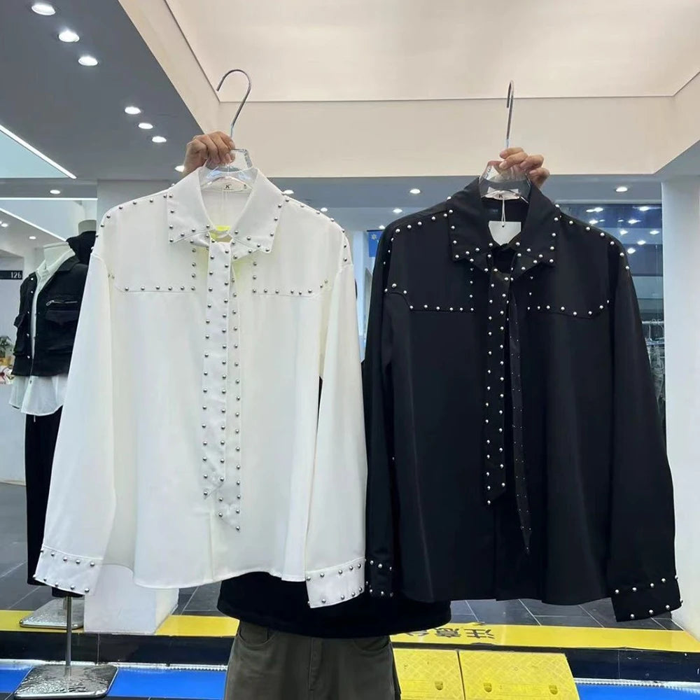 Mens Shirts Rivets Ribbons Casual Shirts Streetwear Trendy Niche Youth Campus Performance Long-Sleeved Tops Men'S Clothing 2025