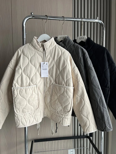 Women's Polyester Padded Jacket 2026New Arrival Vintage Lenzing Rayon High Collar Large Pocket Decorative Quilted Coat for Women